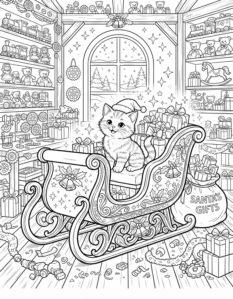 Twinkling Kitten on Santa Sleigh in Santa's Workshop coloring page - free printable outline