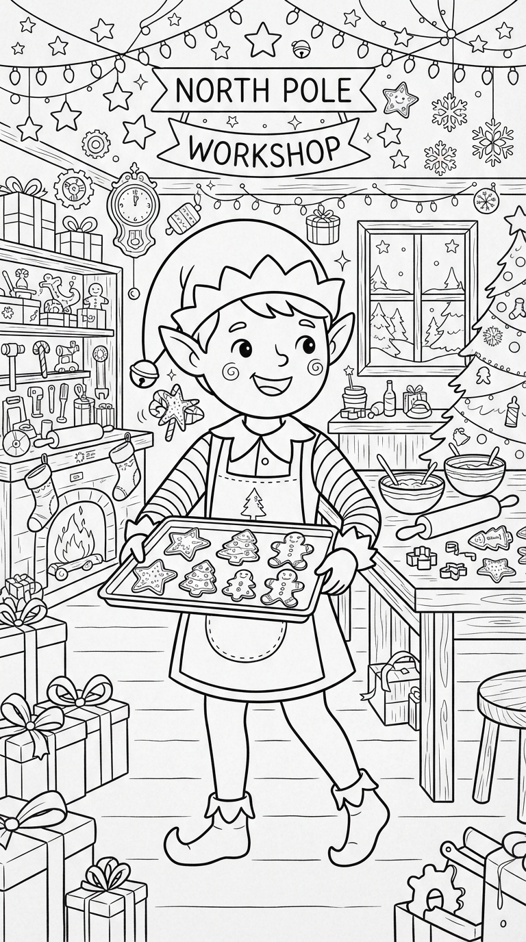 Twinkling North Pole Workshop Elf with Yummy Gingerbread Cookies coloring page - free printable outline