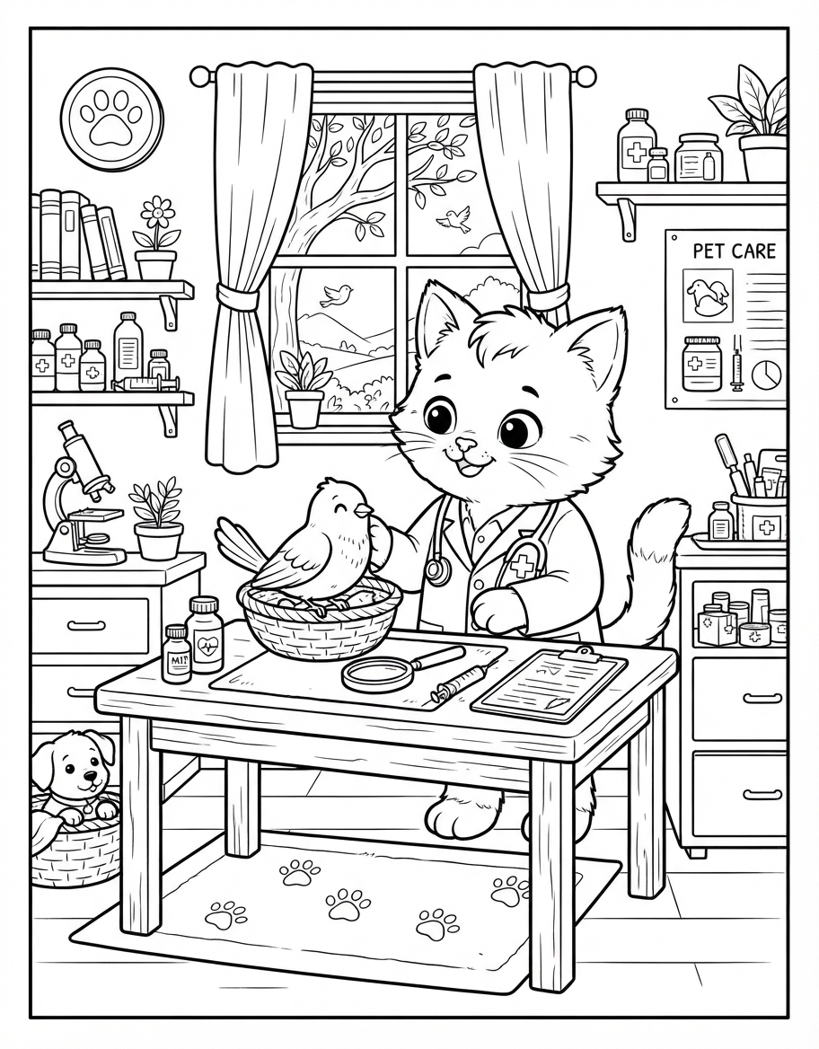 Veterinarian Kitten coloring page - free printable outline