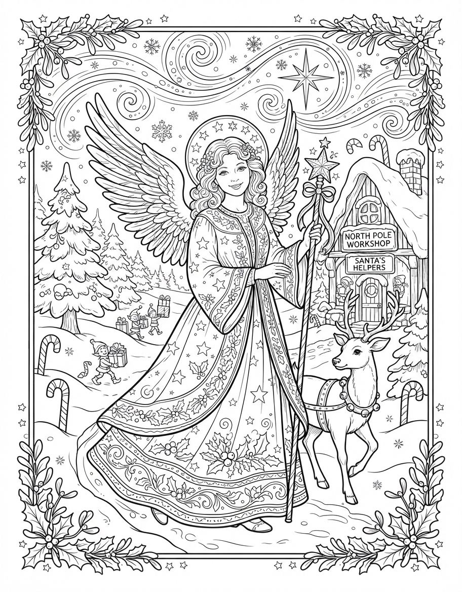 Vintage Christmas Angel with Wings at the North Pole coloring page - free printable outline