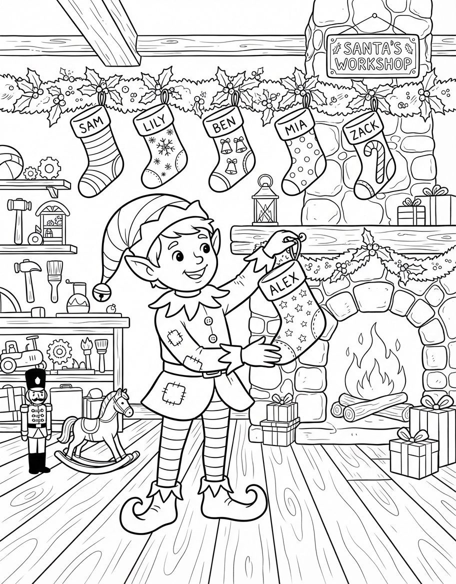 Vintage North Pole Workshop Elf with Hanging Stockings coloring page - free printable outline