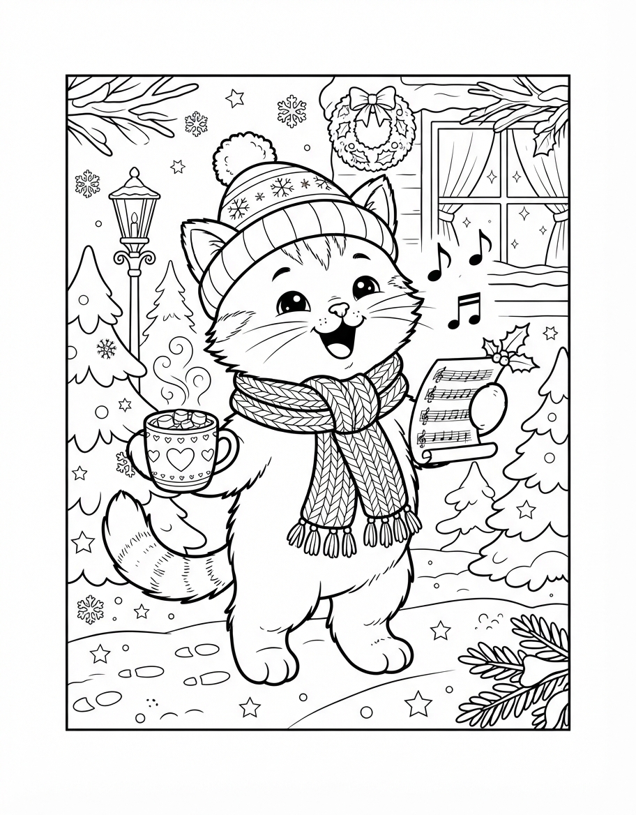 Warm Caroling Kitten with a Warm Cup of Cocoa coloring page - free printable outline