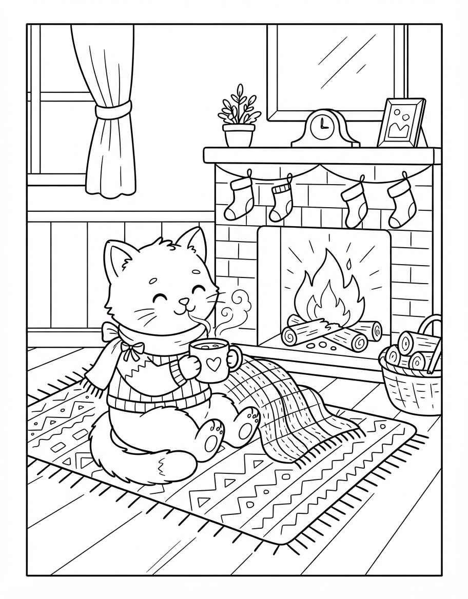 Warm Kitten Sipping Hot Cocoa by the Cozy Fireplace coloring page - free printable outline