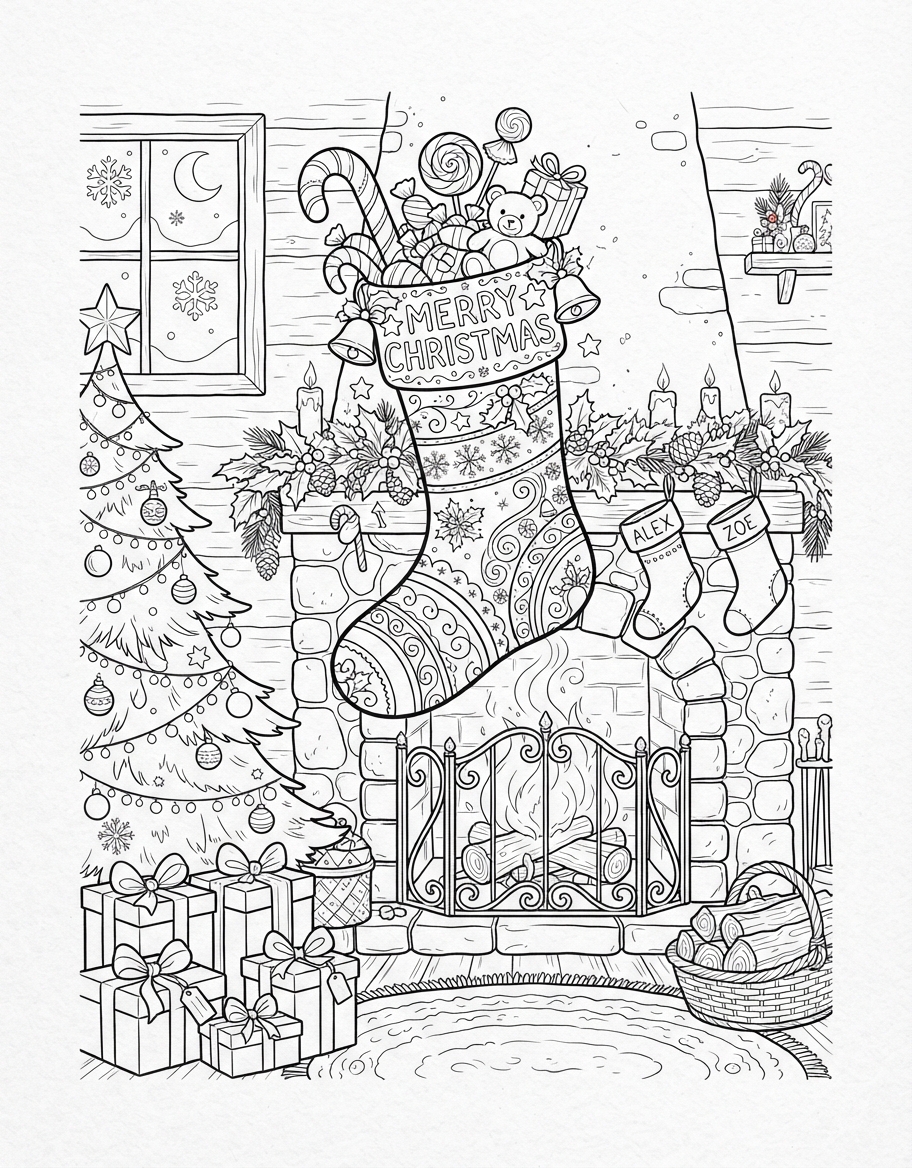 Whimsical Christmas Stocking with Candy by the Cozy Fireplace coloring page - free printable outline