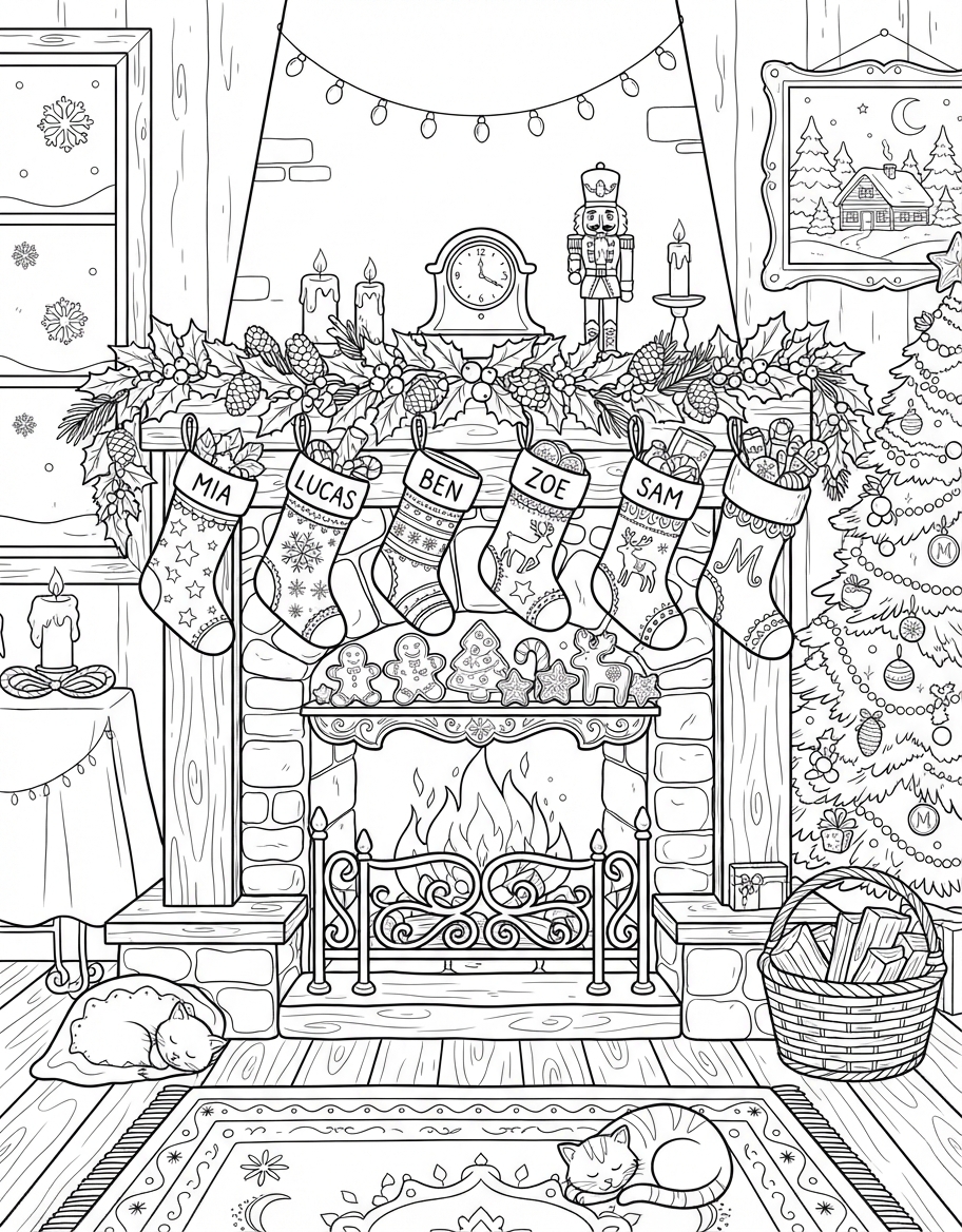 Whimsical Fireplace with Stockings with Yummy Gingerbread Cookies coloring page - free printable outline
