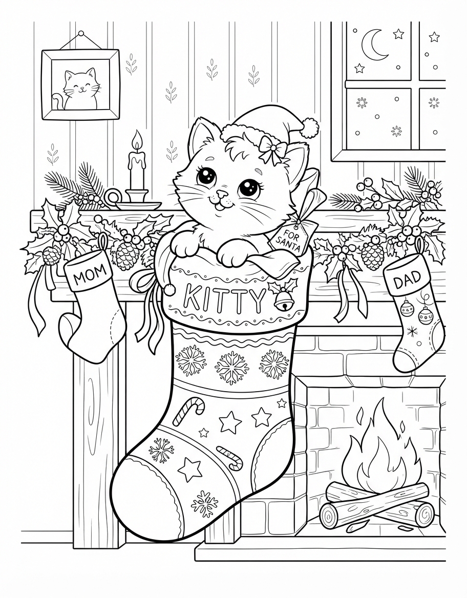 Whimsical Kitten in Stocking waiting for Santa Claus coloring page - free printable outline