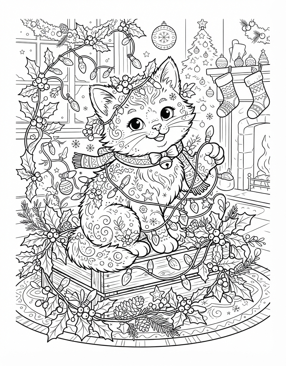 Whimsical Kitten with Holiday Lights with Holly and Berries coloring page - free printable outline