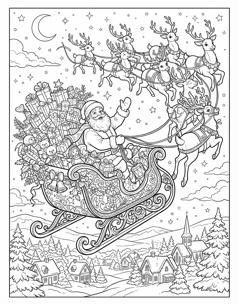 Whimsical Sleigh Full of Presents on Christmas Eve coloring page - free printable outline