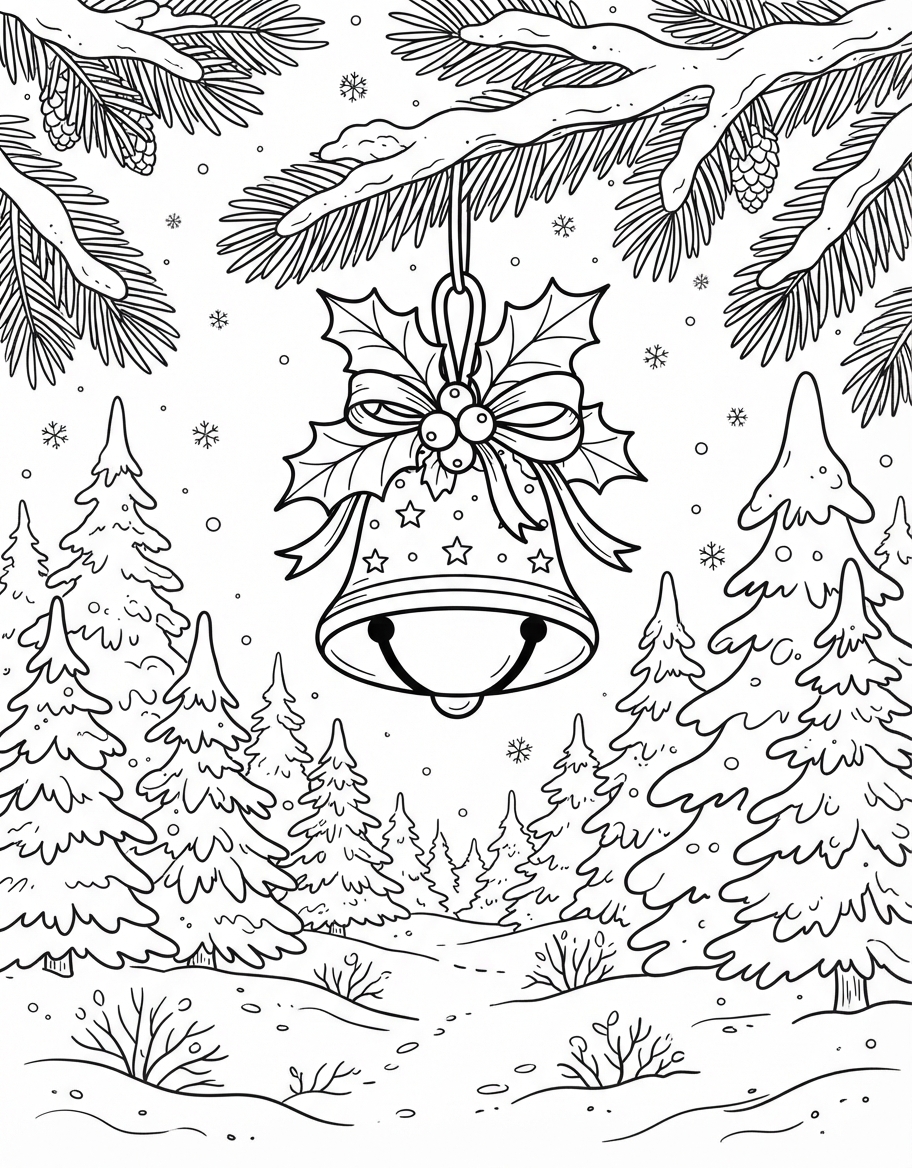 Wintry Christmas Bell with Holly in the Snowy Forest coloring page - free printable outline