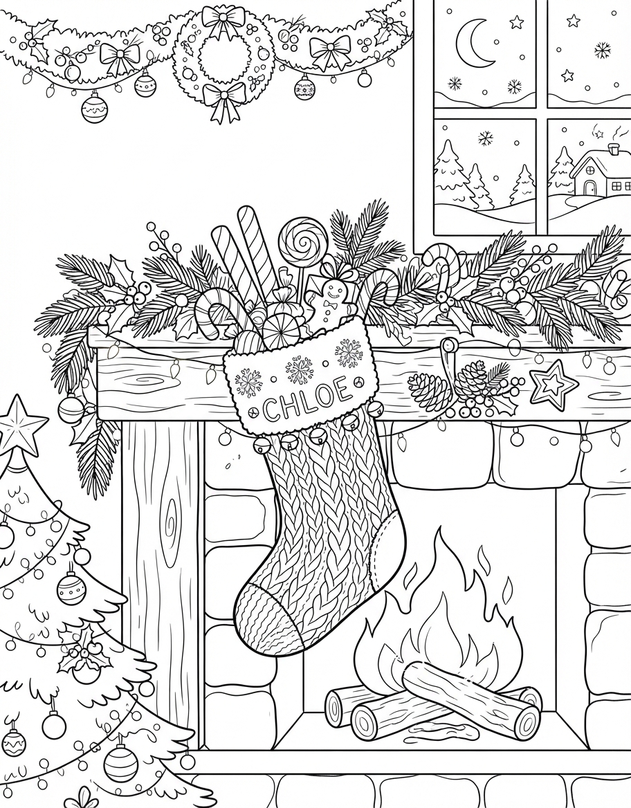 Wintry Christmas Stocking with Candy on Christmas Eve coloring page - free printable outline
