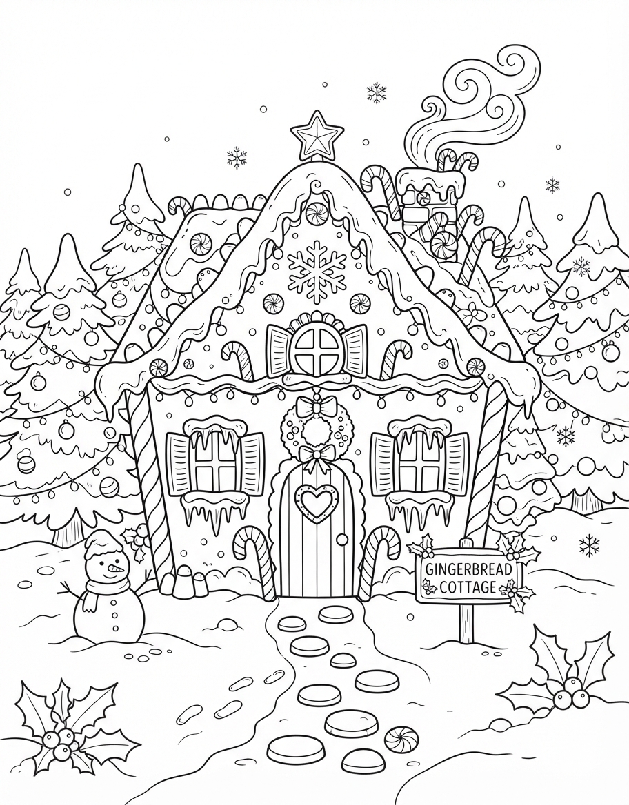 Wintry Gingerbread House with Icing decorated for the Holidays coloring page - free printable outline