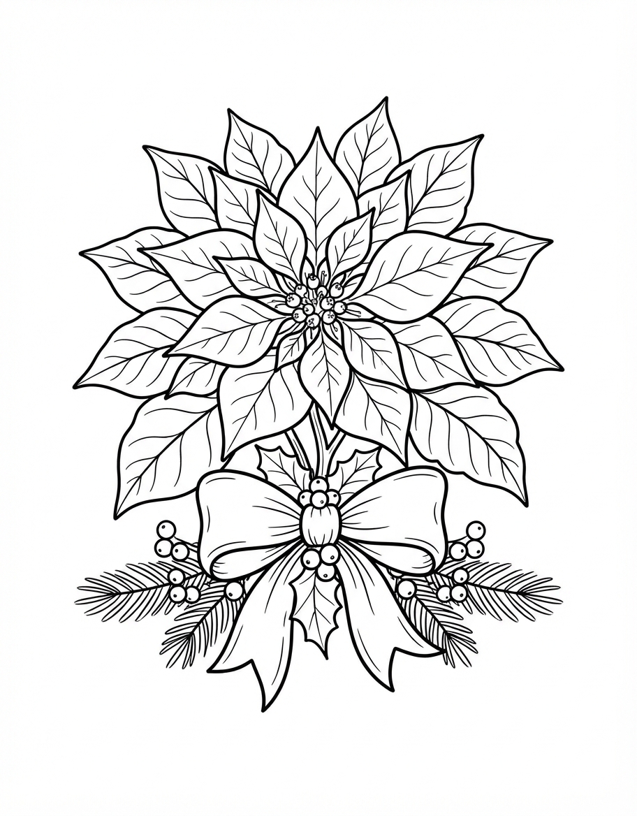 Wintry Poinsettia Holiday Flower with a Red Bow Ribbon coloring page - free printable outline