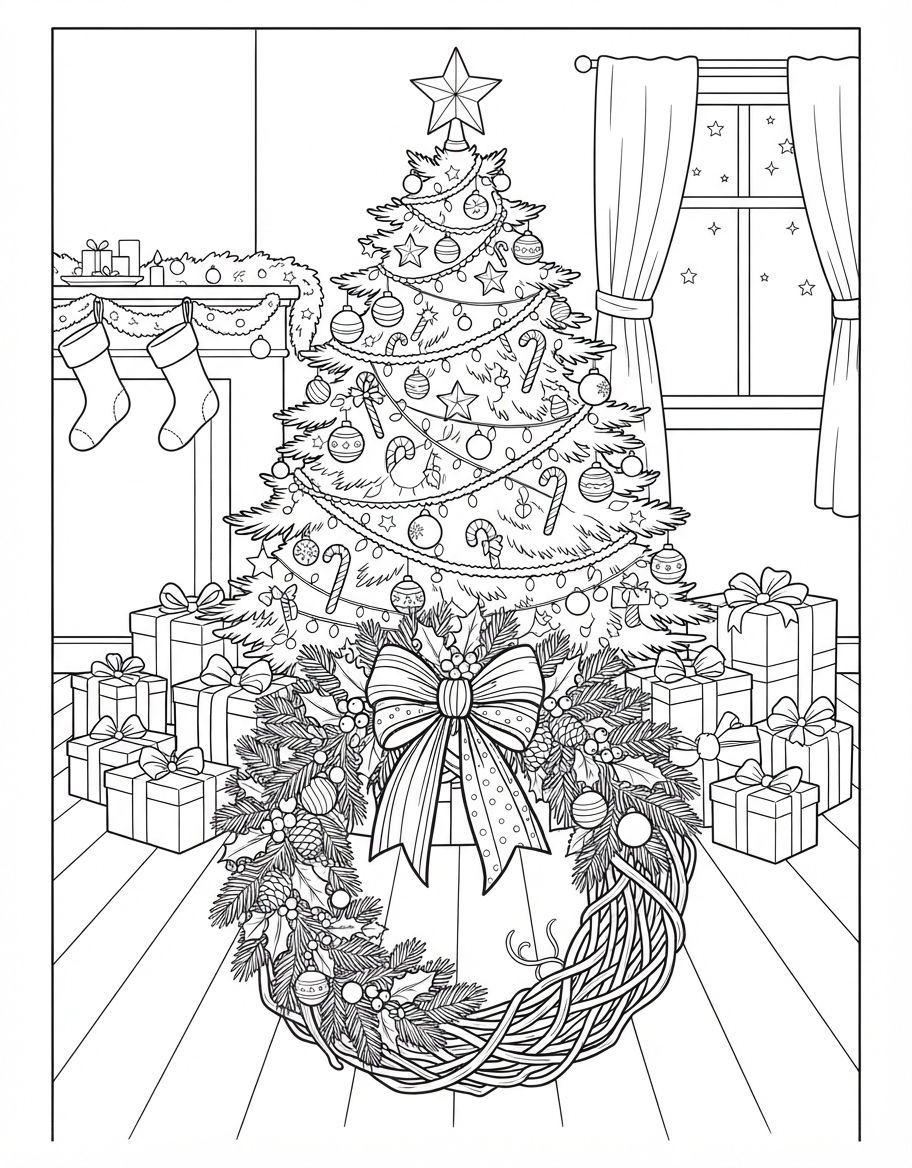 Wonderful Christmas Wreath with Bow under the Sparkling Christmas Tree coloring page - free printable outline